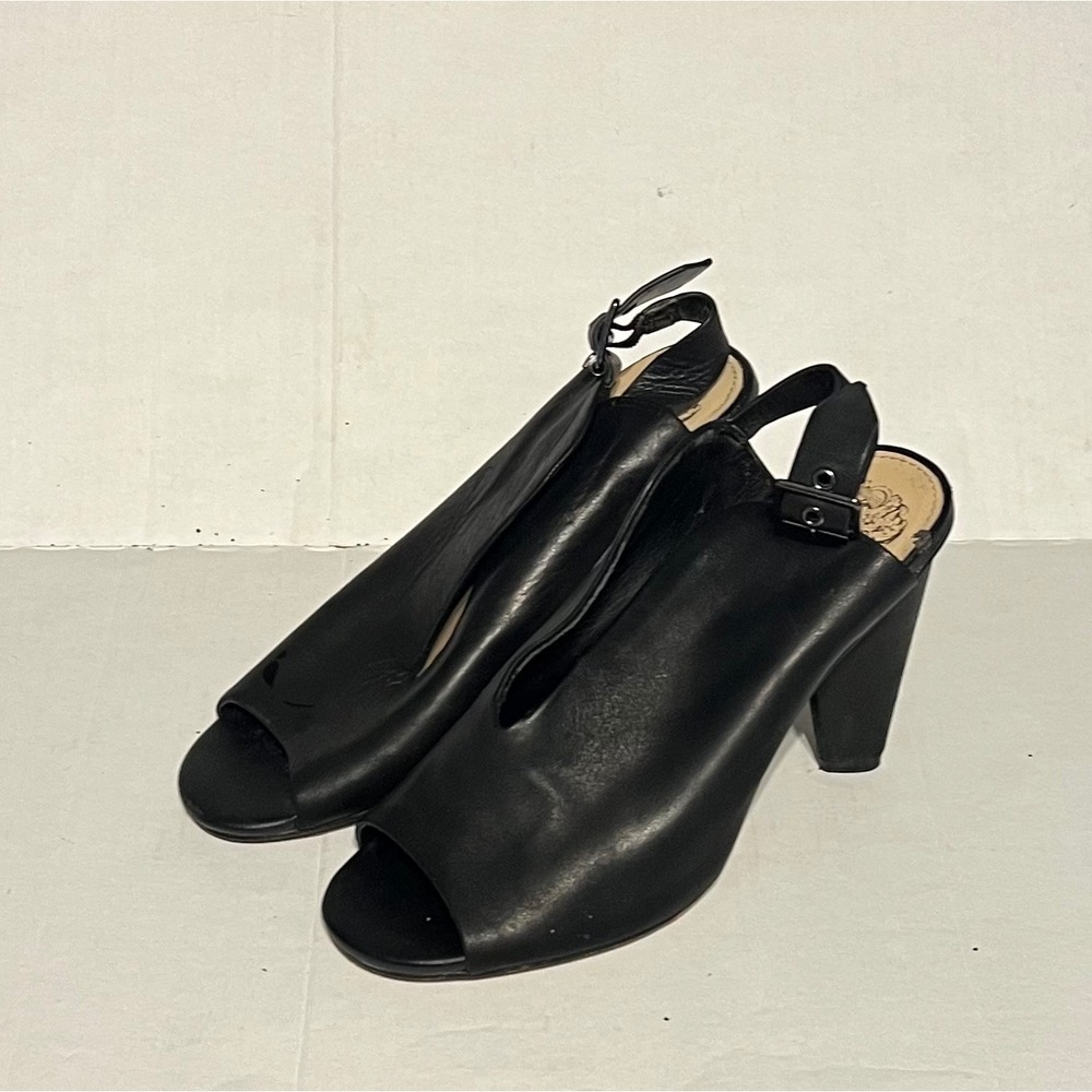 Vince Camuto Black Leather Peep Toe Slingback Block Heel Shoes Pumps Womens 6M